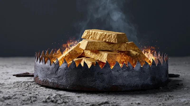 Gold bars stacked inside an open steel bear trap with flames and smoke rising from the pile