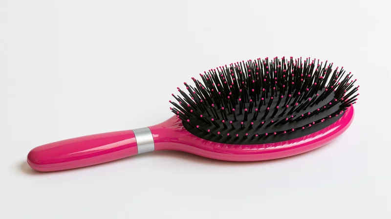 Pink oval paddle hairbrush with black rubber bristles on white background
