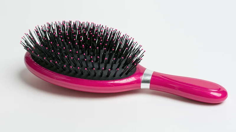 Pink oval paddle hairbrush with black rubber bristles on white background