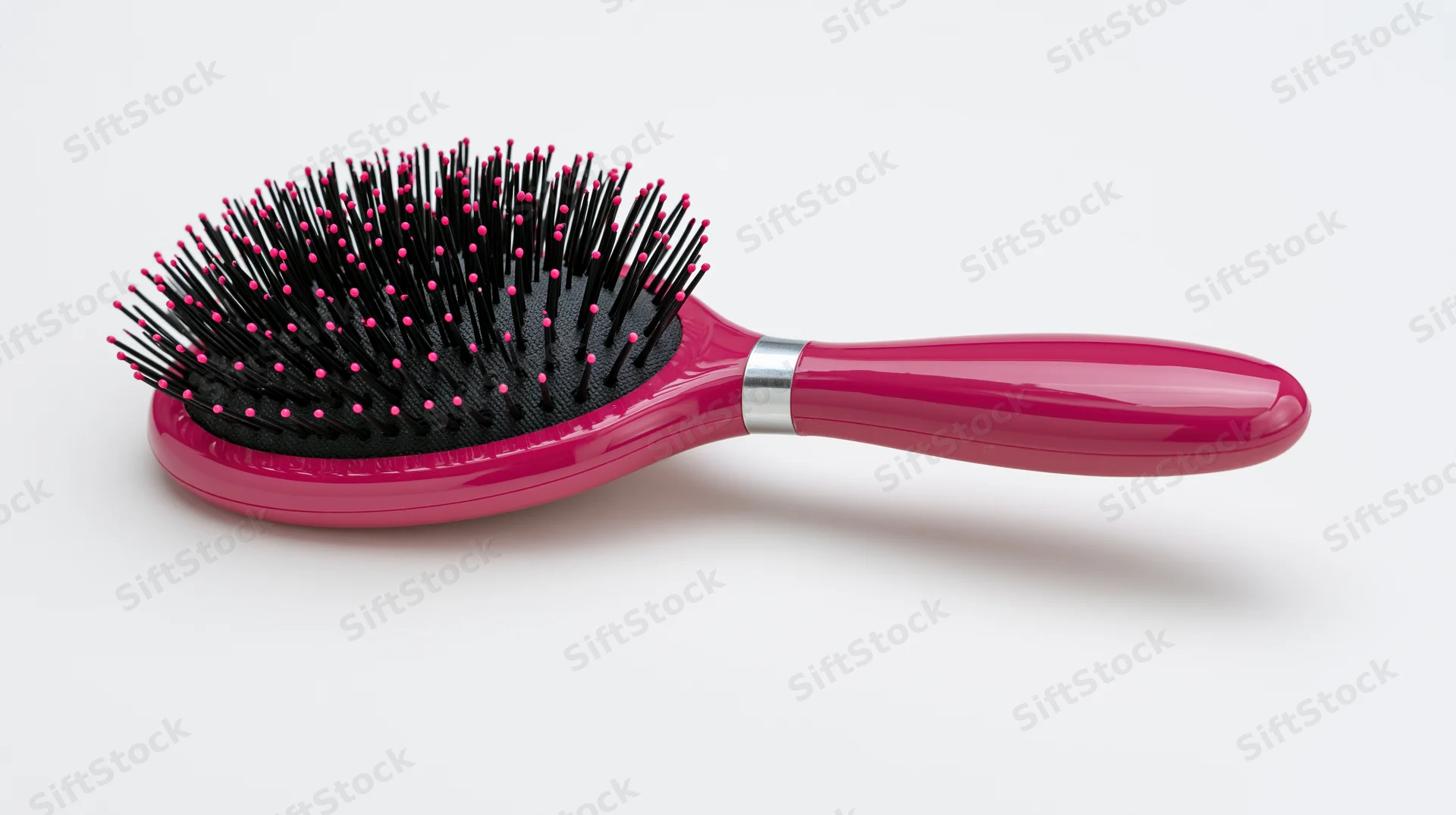 Pink oval paddle hairbrush with black rubber bristles on white background