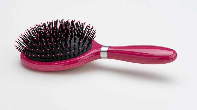 Pink oval paddle hairbrush with black rubber bristles on white background