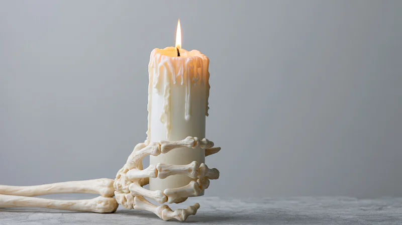 Skeleton hand gripping a lit white candle on a gray surface