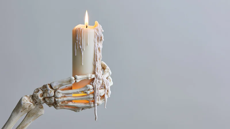 Skeleton hand gripping a burning white candle with dripping wax against a plain background