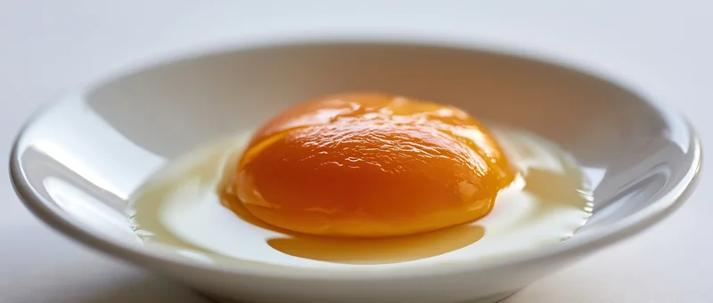 Raw egg yolk and white in a white ceramic bowl on a plain surface
