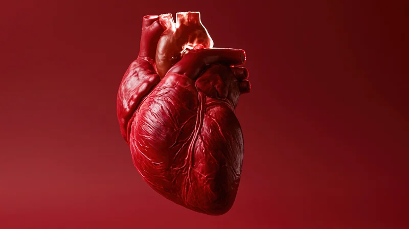 Realistic human heart model centered against a red gradient background