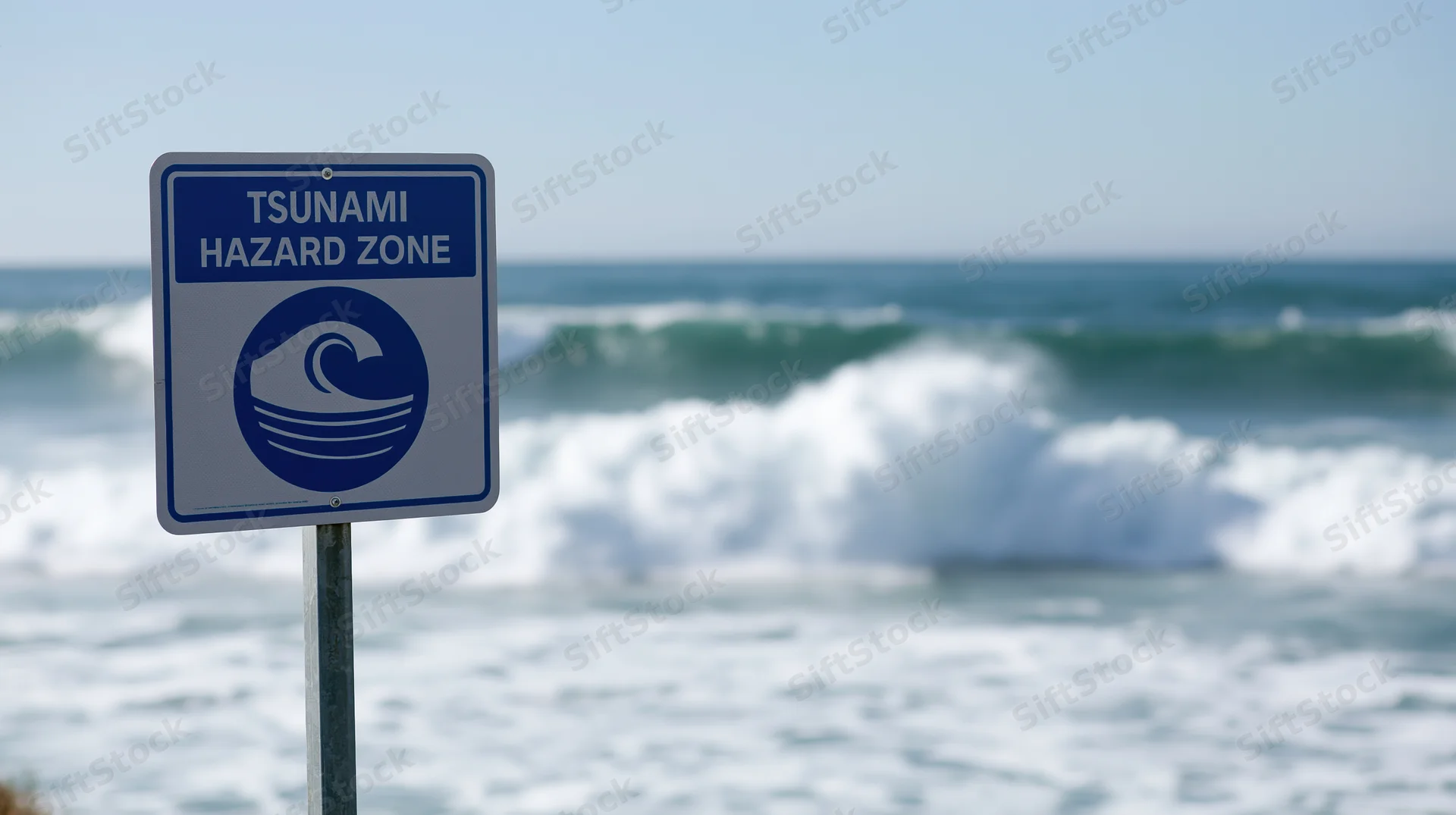 Tsunami hazard zone warning sign on metal pole by ocean waves