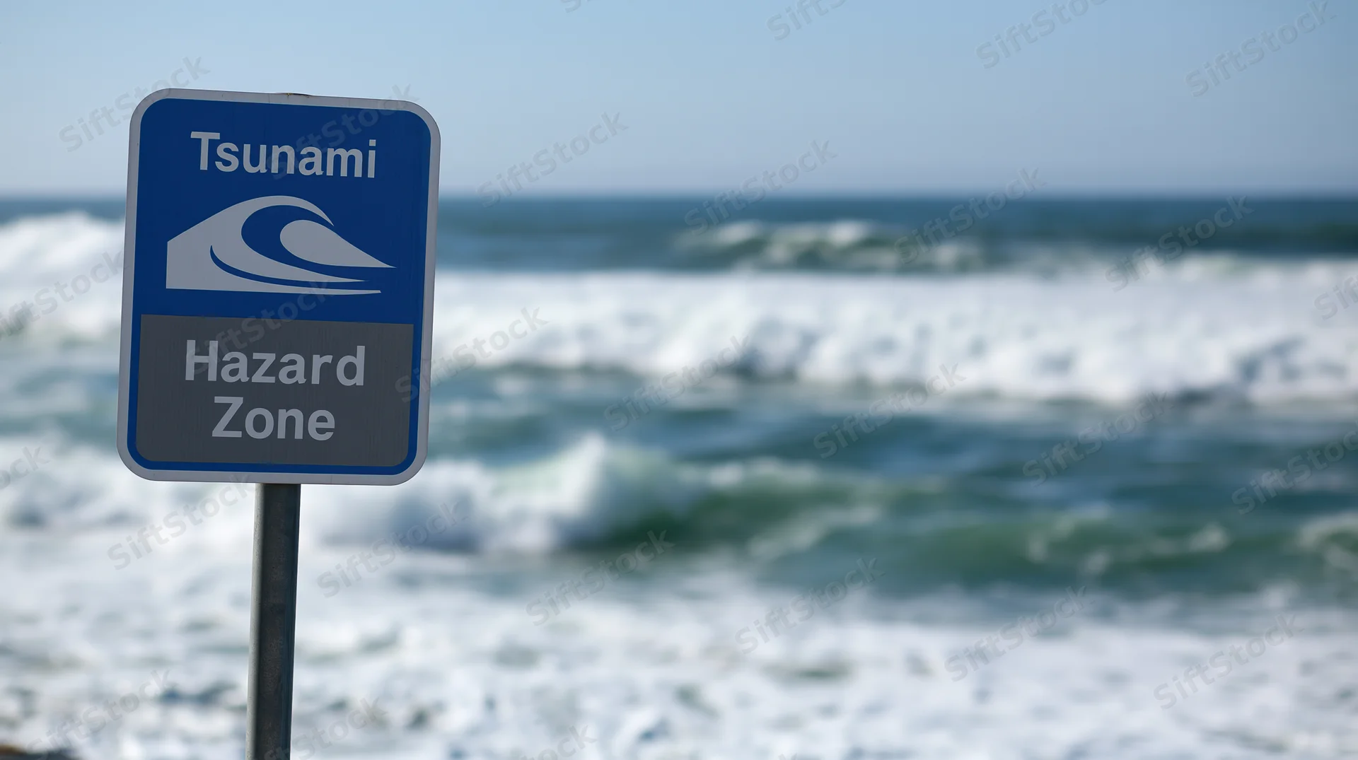 Tsunami hazard zone warning sign on metal pole by ocean waves