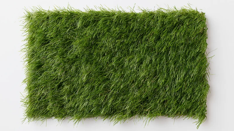 Rectangular patch of dense green artificial grass on white background