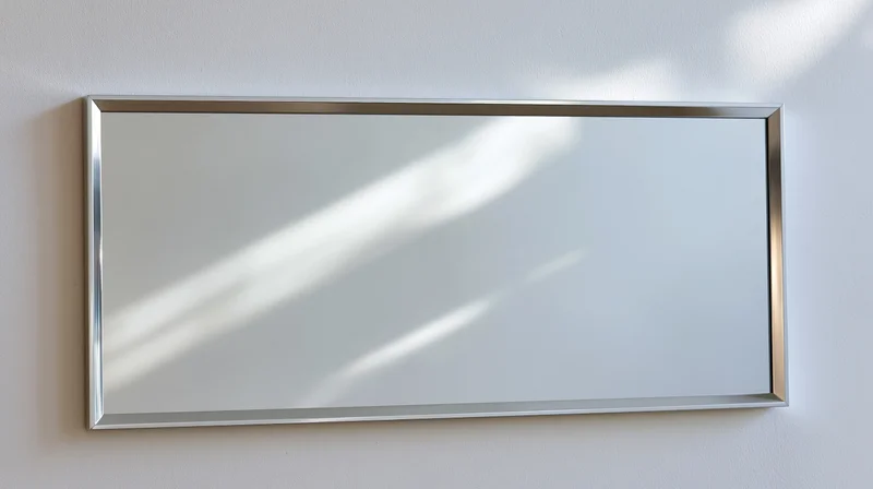 Rectangular wall mirror with thin beveled silver metal frame mounted on white wall reflecting sunlight and shadows