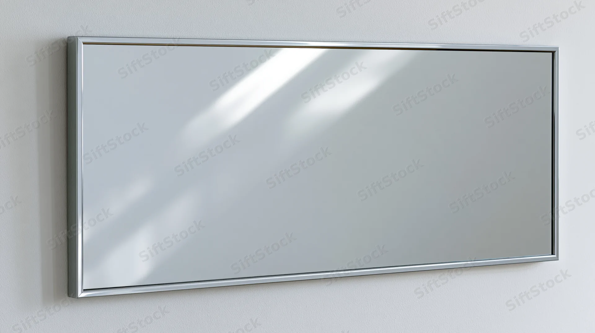 Rectangular wall mirror with thin beveled silver metal frame mounted on white wall