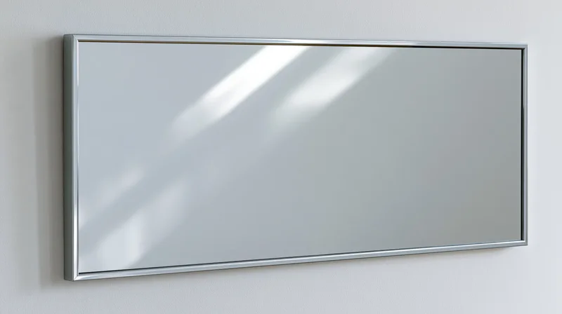 Rectangular wall mirror with thin beveled silver metal frame mounted on white wall