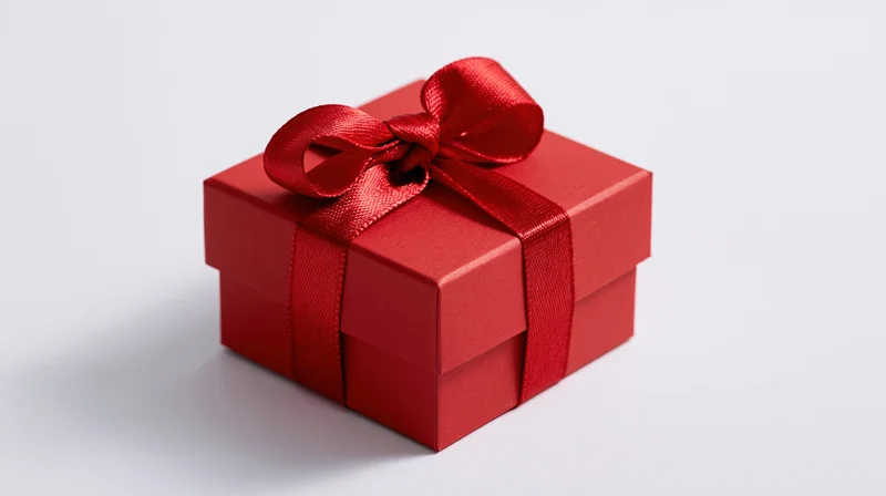 Red gift box with satin ribbon bow on white background