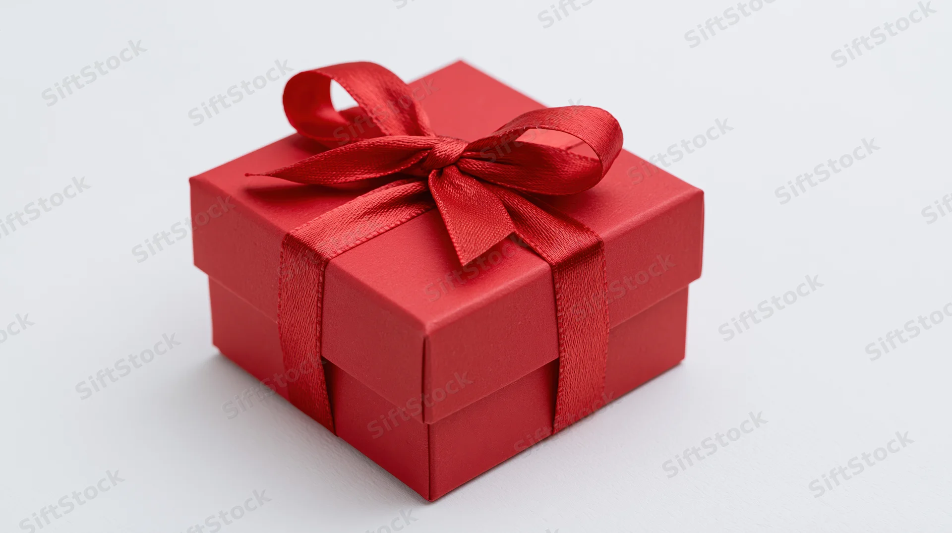 Red gift box wrapped with satin ribbon on white background