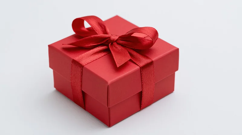 Red gift box wrapped with satin ribbon on white background