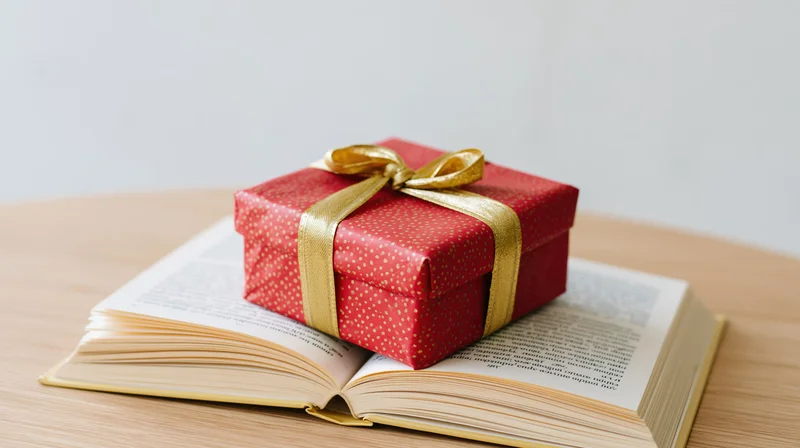 Red gift box with gold ribbon resting on open book on wooden table