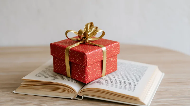 Red gift box with gold ribbon and bow resting on open book on wooden table