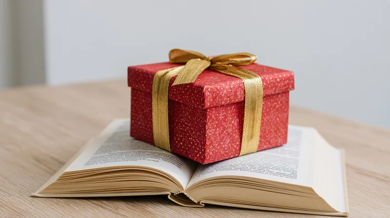 Red gift box with gold ribbon and bow resting on open book on wooden table