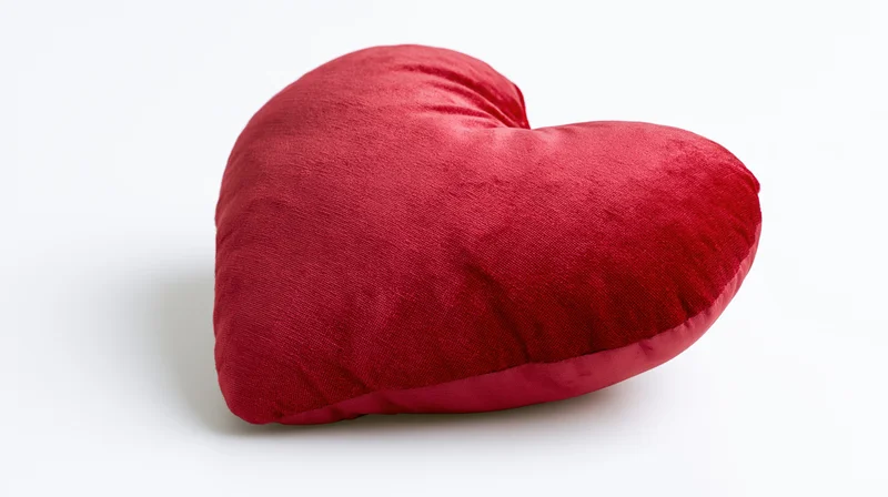 Red heart-shaped decorative pillow centered on white background