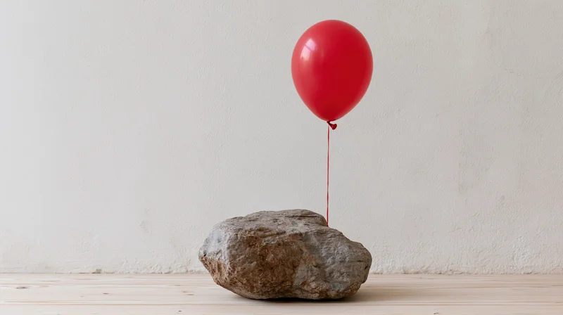 Red balloon tied to a rough stone resting on wooden floor against white wall