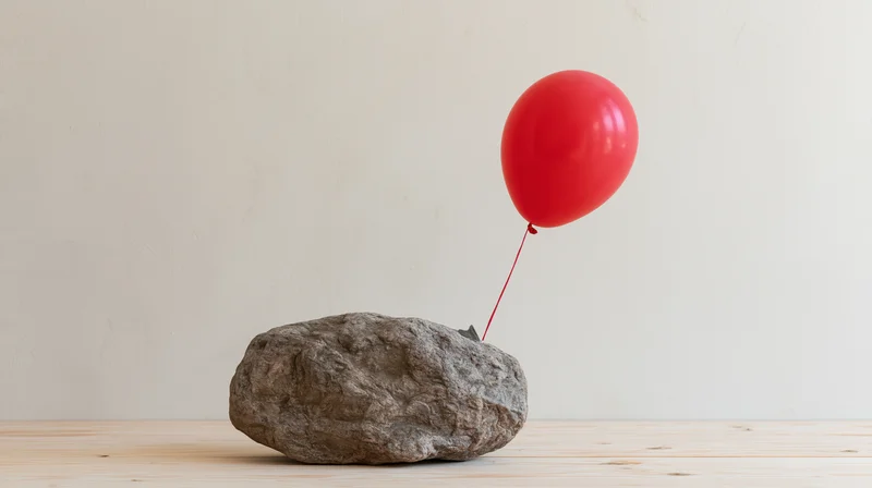 Red balloon tied to a rough stone resting on a wooden floor against a plain wall