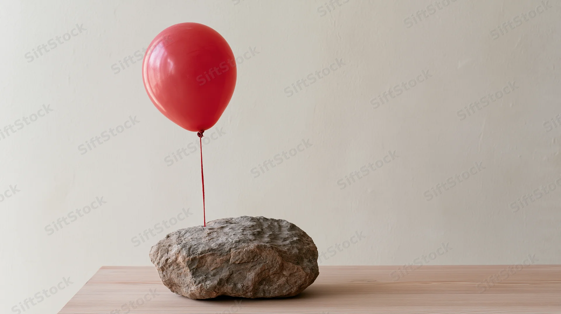 Red balloon tied to a rough stone resting on a wooden table