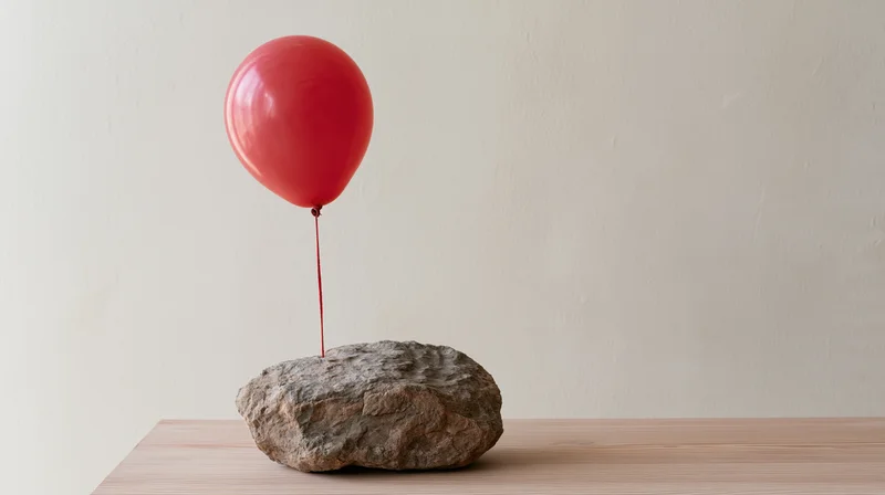Red balloon tied to a rough stone resting on a wooden table