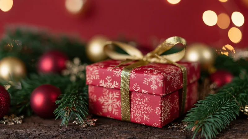 Red snowflake-patterned gift box with gold ribbon bow surrounded by pine branches and ornaments on wooden surface with blurred holiday lights in background