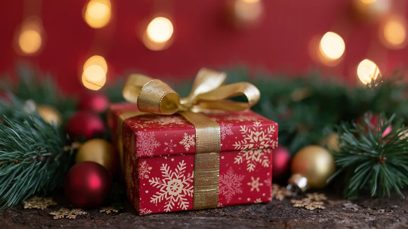 Red snowflake-patterned gift box with gold ribbon bow surrounded by pine garland and ornaments on wooden surface with blurred lights in background