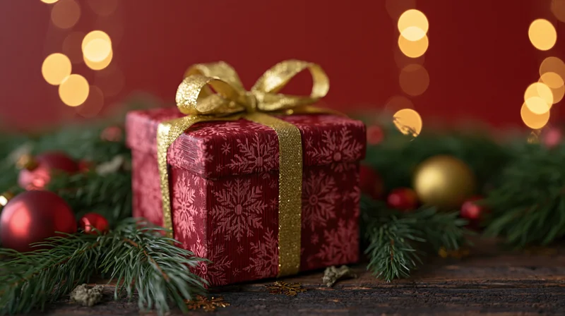 Red snowflake-patterned gift box with gold ribbon bow on wooden surface surrounded by pine garland and holiday lights