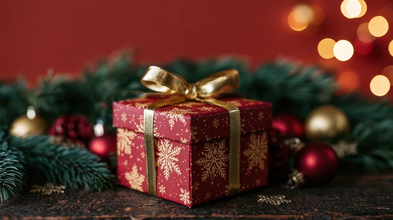 Red snowflake-patterned gift box with gold ribbon bow on pine garland and ornaments, festive holiday setting
