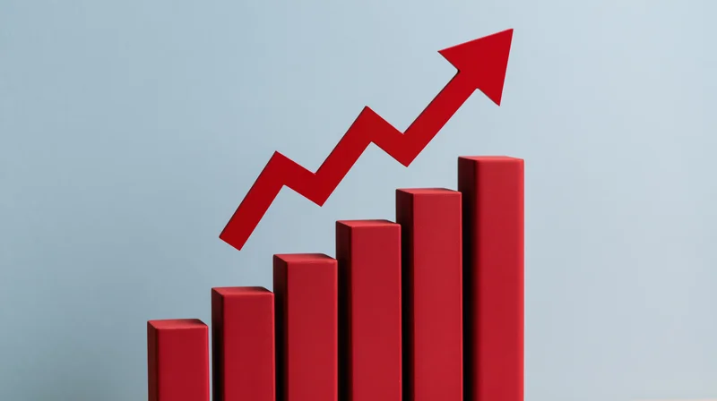 Rising red bar chart with upward arrow on light blue background