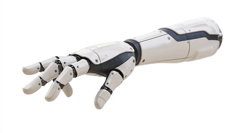 Robotic arm and hand extending forward with fingers slightly spread on white background