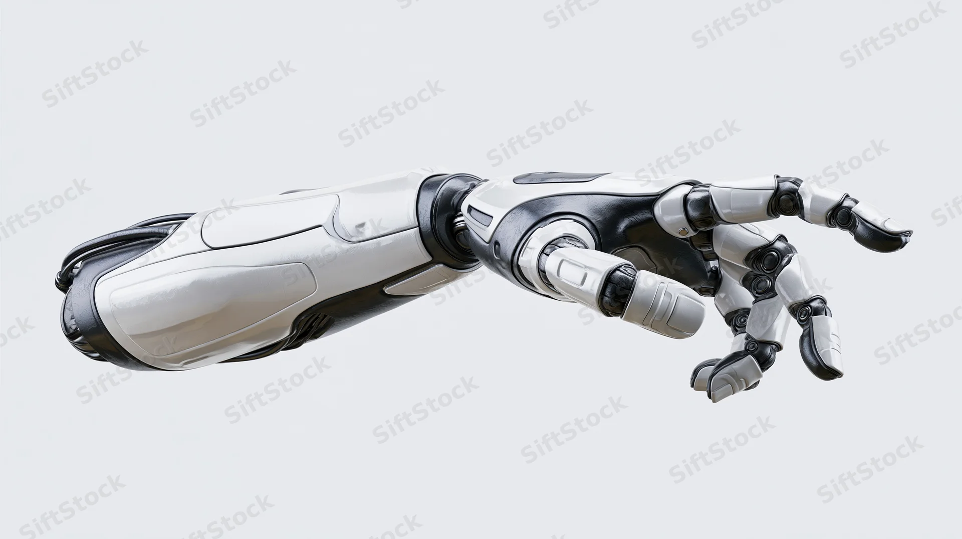 Robotic arm extending forward with fingers slightly curled against white background