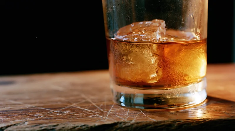 Amber whiskey with ice in a rocks glass on a scratched wooden table