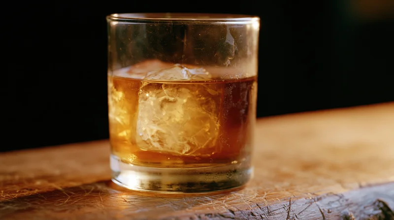 Amber whiskey with ice in a rocks glass on a wooden surface