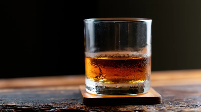 Half-filled rocks glass with amber whiskey on wooden coaster on rustic table