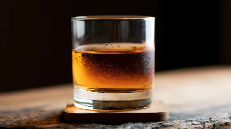 Amber whiskey in a rocks glass on a wooden coaster on a rustic table