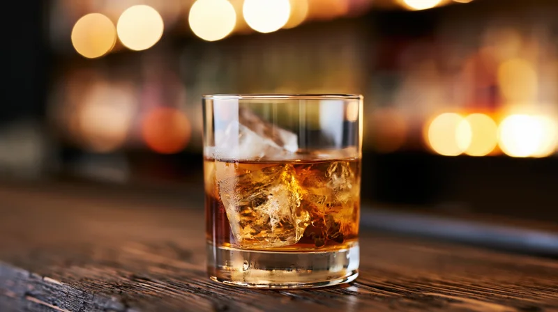 Amber whiskey with ice in a rocks glass on a wooden bar table at night