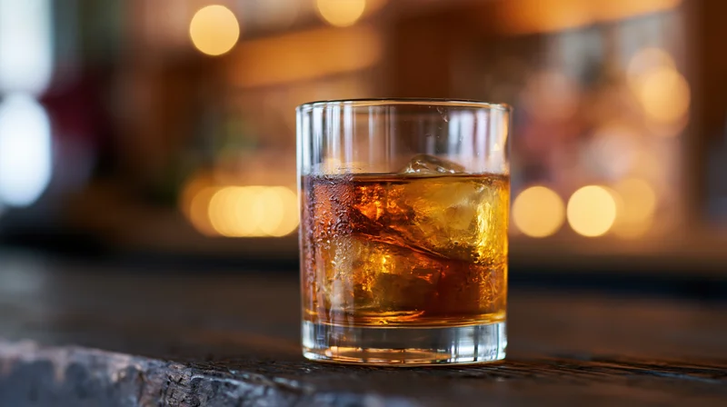Amber whiskey with ice in a rocks glass on a wooden bar counter at night
