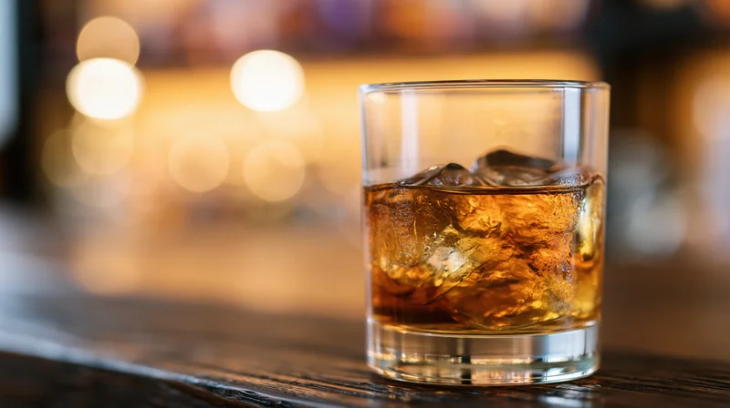 Amber whiskey with ice in a rocks glass on a wooden bar counter