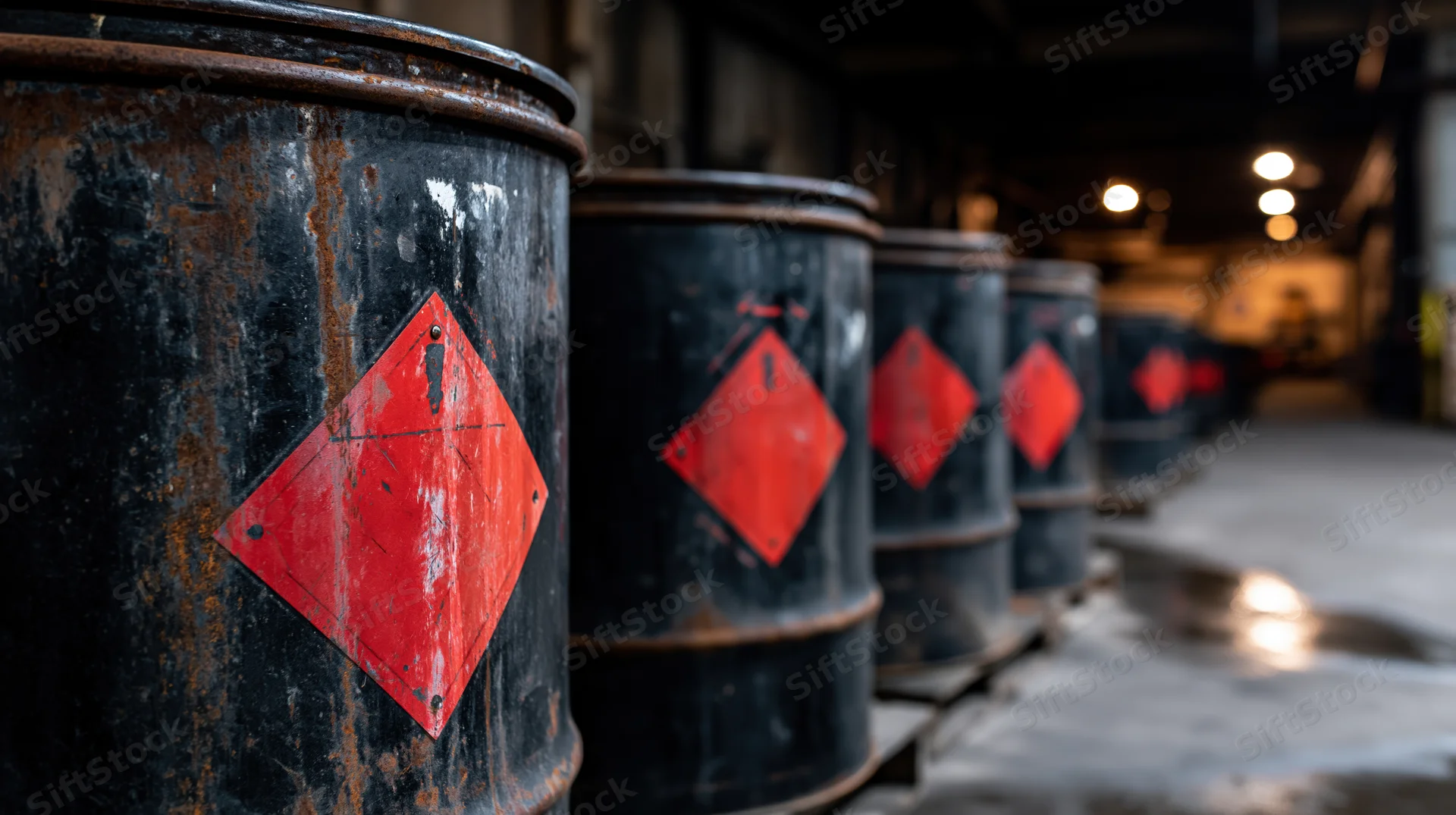 Row of black metal industrial drums with red diamond hazard labels in a warehouse storage area