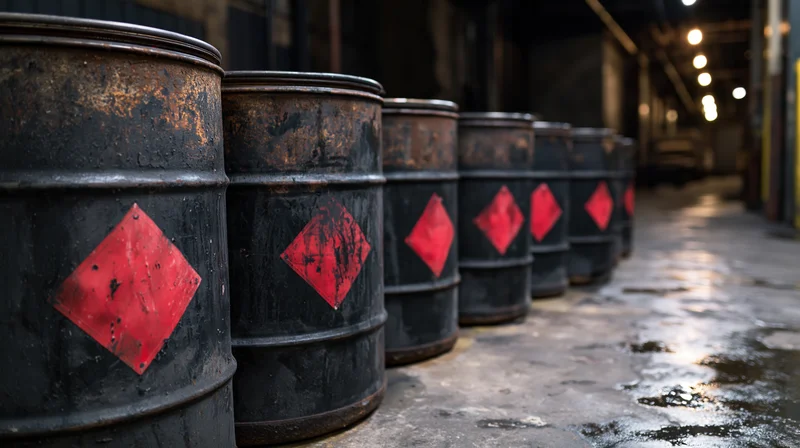 Row of black metal industrial drums with red diamond hazard labels in a dim warehouse interior
