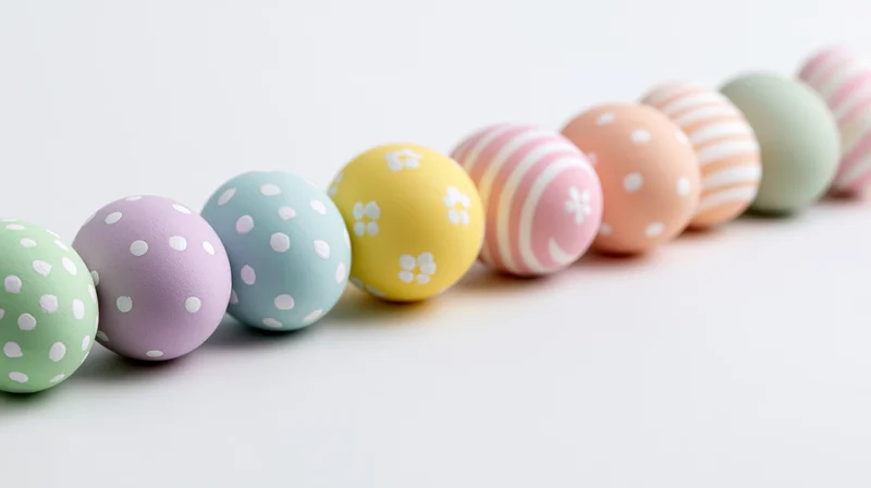 A row of pastel-painted easter eggs with polka dots and stripes arranged in a line on a white surface