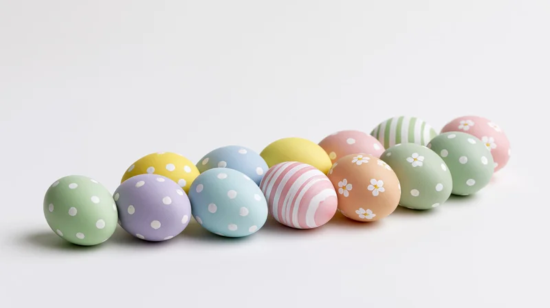 Pastel decorated easter eggs arranged in a row on white background