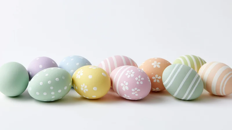 Row of pastel decorated easter eggs arranged horizontally on white surface