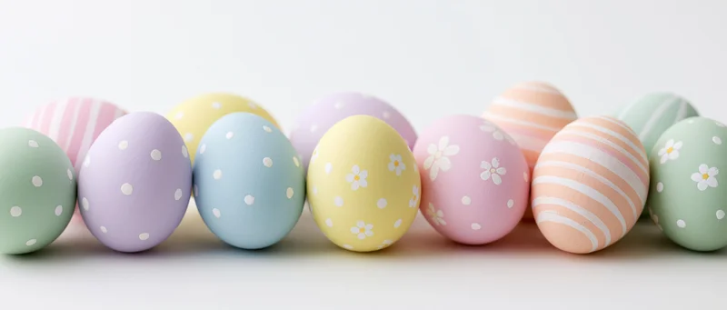 Pastel decorated easter eggs arranged in a row on a white surface