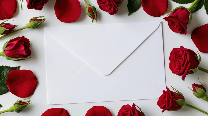 White envelope surrounded by red roses and petals on a white surface