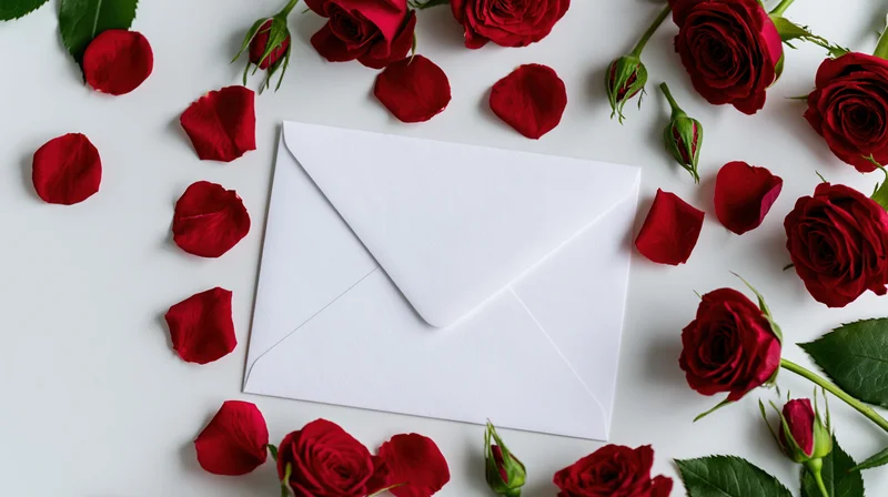 White envelope surrounded by red roses and petals on white surface