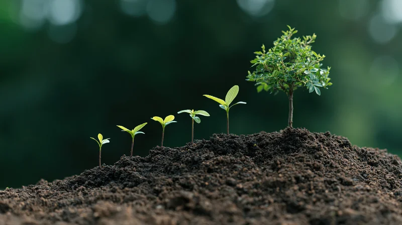 Six seedlings in stages of growth emerging from soil in a natural outdoor setting