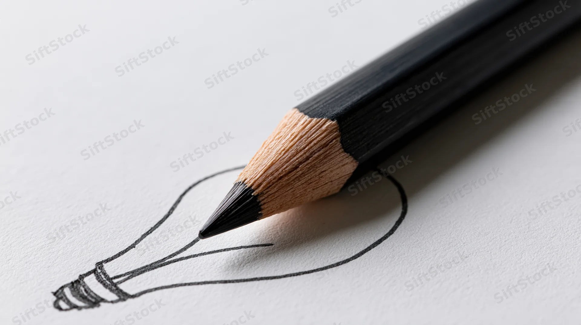 Sharpened black pencil resting on white paper with hand-drawn lightbulb sketch